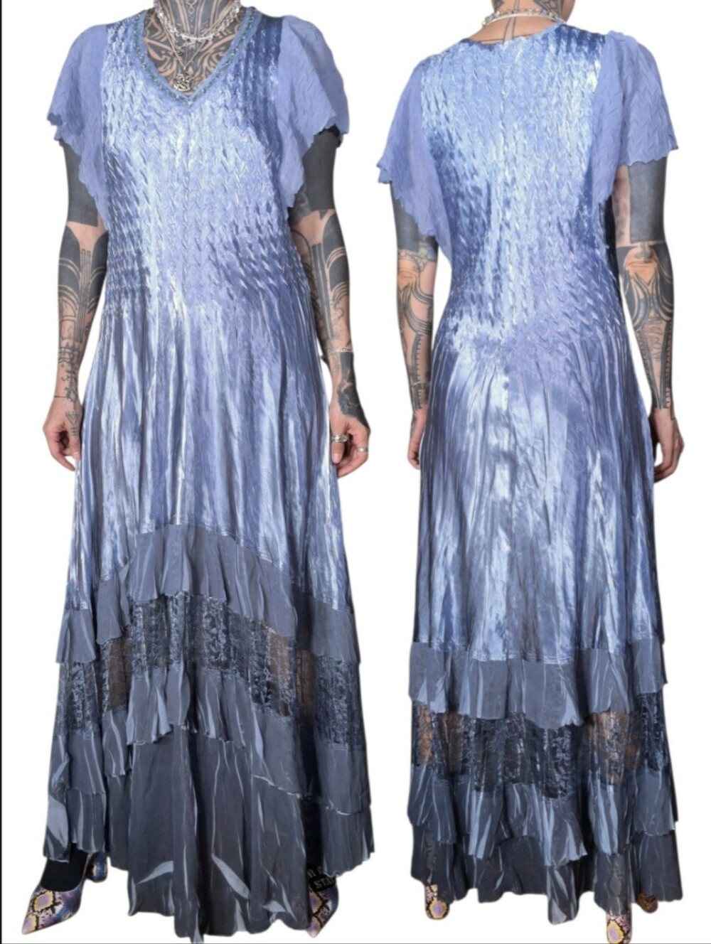 Komarov Maxi Dress M Sequin Crinkle Lace Flutter Sleeve Fairy Ethereal Boho